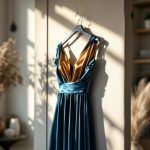 Le Satin, Étoffe Éclatante de 2025 une-robe-en-satin-elegante-suspendue-dans-une-boutique-eclairee-par-la-lumiere-naturelle-mettant-en-valeur-des-couleurs-bleu-profond-et-dore-entouree-dun-decor-chic-et-de-meubles-minimalistes