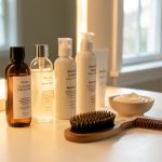 Produits et accessoires de soin capillaire disposés sur une coiffeuse lumineuse, ambiance douce et naturelle, éclairage chaleureux et reflets délicats.