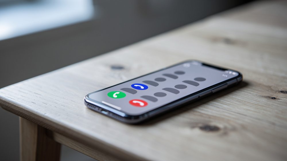 Un smartphone posé sur une table en bois, affichant plusieurs notifications abstraites d’appels manqués dans une ambiance réaliste et sobre.