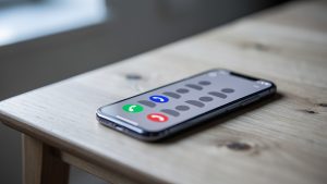 Un smartphone posé sur une table en bois, affichant plusieurs notifications abstraites d’appels manqués dans une ambiance réaliste et sobre.