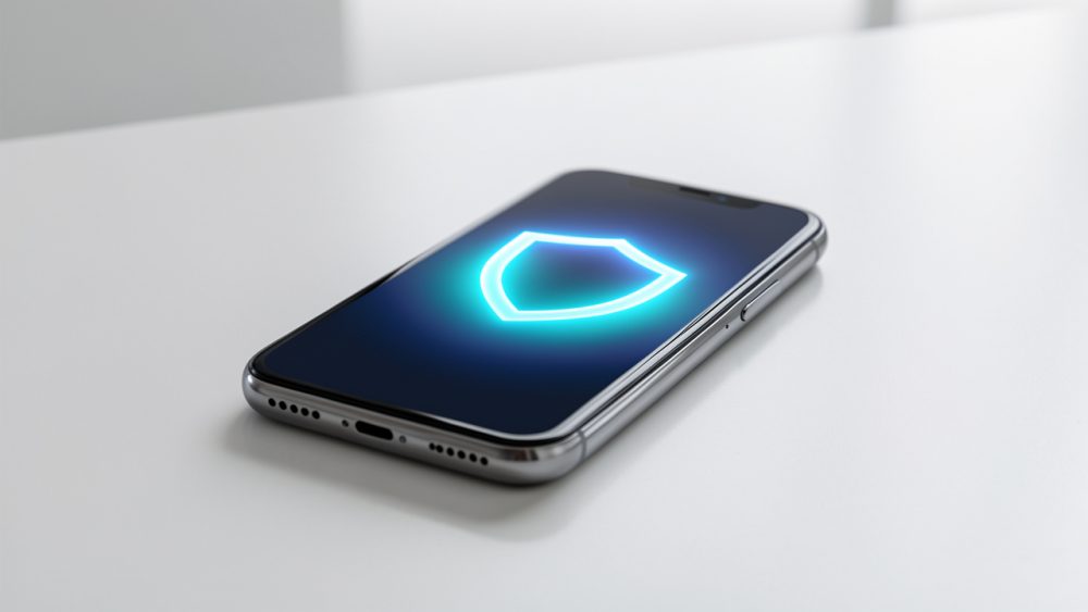 Smartphone posé sur une table minimaliste, avec un bouclier lumineux abstrait affiché sur l’écran dans une ambiance moderne et rassurante.