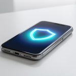 Sécurité téléphonique : 7 réflexes pour protéger vos données Smartphone posé sur une table minimaliste, avec un bouclier lumineux abstrait affiché sur l’écran dans une ambiance moderne et rassurante.