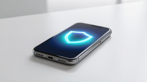 Smartphone posé sur une table minimaliste, avec un bouclier lumineux abstrait affiché sur l’écran dans une ambiance moderne et rassurante.