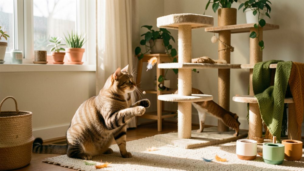 Chat d’intérieur explorant un appartement aménagé avec un arbre à chat, des jouets et des jeux distributeurs près d’une fenêtre ensoleillée.