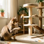 Occuper un chat d’intérieur seul pendant une journée de travail Chat d’intérieur explorant un appartement aménagé avec un arbre à chat, des jouets et des jeux distributeurs près d’une fenêtre ensoleillée.