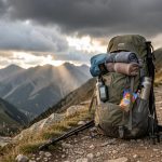 Sac à dos de randonnée léger ouvert avec équipement compact pour trois jours, posé près d’un sentier montagneux sous un ciel changeant.