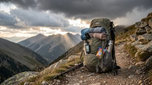 Sac à dos de randonnée léger ouvert avec équipement compact pour trois jours, posé près d’un sentier montagneux sous un ciel changeant.