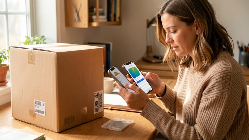 Une femme photographie soigneusement un objet d’occasion et prépare un colis dans un espace de travail lumineux, illustrant une vente en ligne entre particuliers sécurisée.