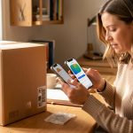 Vendre en ligne entre particuliers sans arnaque : méthode pratique Une femme photographie soigneusement un objet d’occasion et prépare un colis dans un espace de travail lumineux, illustrant une vente en ligne entre particuliers sécurisée.