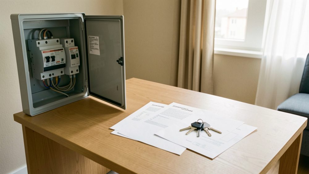 Intérieur d’un appartement récemment aménagé avec un compteur électrique, un tableau électrique, des feuilles vierges et des clés disposés sur une table.