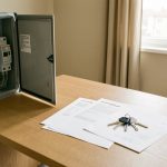 Changer de fournisseur d’énergie après un emménagement : les vérifications à faire Intérieur d’un appartement récemment aménagé avec un compteur électrique, un tableau électrique, des feuilles vierges et des clés disposés sur une table.