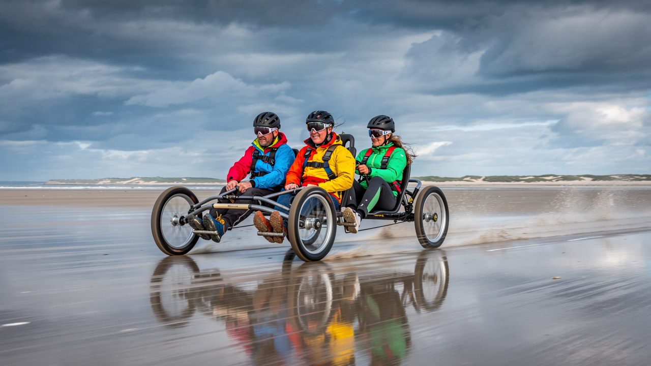 Un char à voile lancé sur une grande plage du Finistère à marée basse, avec quatre participants équipés sous un ciel breton nuageux et dynamique.