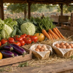 Pourquoi les fermes en vente directe transforment nos repas et comment en profiter Étal de ferme présentant des légumes de saison, des œufs, des fromages artisanaux et des paniers en bois à la lumière naturelle.
