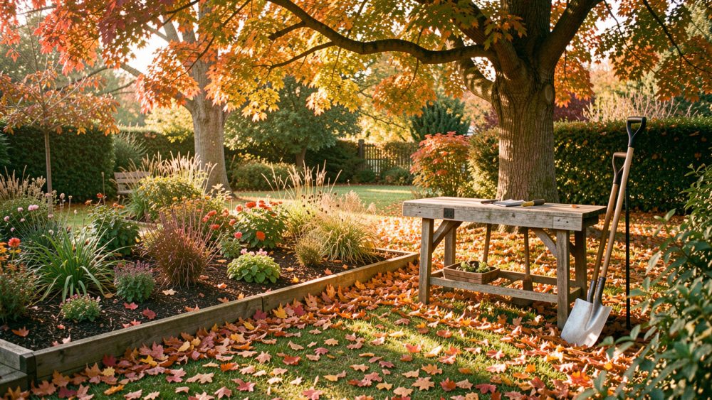 Jardin familial en automne avec des feuilles rouges, orange et dorées, des massifs paillés, des outils de jardinage et une douce lumière de fin d’après-midi.