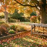 Jardin familial en automne avec des feuilles rouges, orange et dorées, des massifs paillés, des outils de jardinage et une douce lumière de fin d’après-midi.