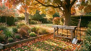 Jardin familial en automne avec des feuilles rouges, orange et dorées, des massifs paillés, des outils de jardinage et une douce lumière de fin d’après-midi.