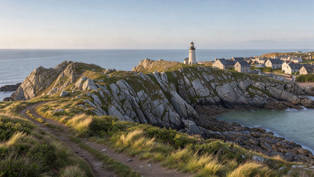 Vue panoramique du littoral finistérien avec un sentier côtier, un phare breton et un village baigné par une lumière douce.