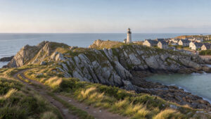Vue panoramique du littoral finistérien avec un sentier côtier, un phare breton et un village baigné par une lumière douce.