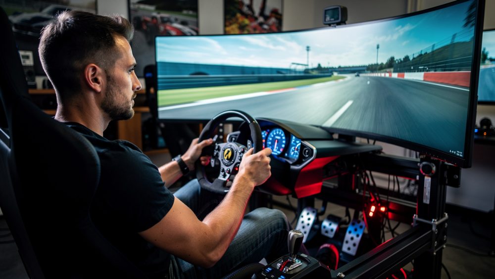 Un homme concentré pilote un simulateur automobile moderne devant un circuit virtuel, dans une ambiance sportive éclairée de lumières bleues et rouges à Landerneau.