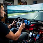 Un homme concentré pilote un simulateur automobile moderne devant un circuit virtuel, dans une ambiance sportive éclairée de lumières bleues et rouges à Landerneau.