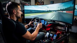 Un homme concentré pilote un simulateur automobile moderne devant un circuit virtuel, dans une ambiance sportive éclairée de lumières bleues et rouges à Landerneau.